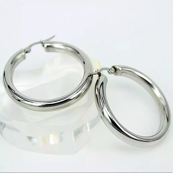Silver 40mm Stainless Steel Tube Hoop Earrings - Picture 3 of 5